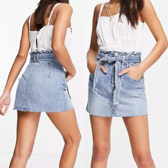 Free People East of Eden Medium Wash Denim Belted Mini Skirt Sizes 26 & 25 NWT - Picture 2 of 13